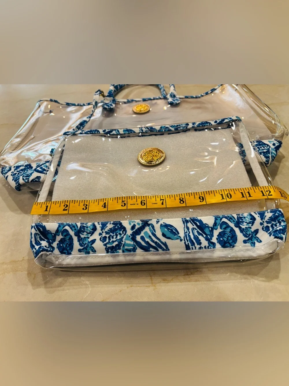 Lilly Pulitzer Clear Tote with Blue Shell-Print Trim